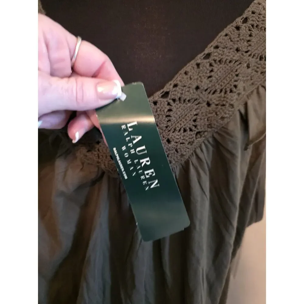 LAUREN RALPH LAUREN Top Cap Sleeve Crocheted Neckline Olive Green 3X NWT